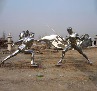 景區(qū)園林?jǐn)[放創(chuàng)意不銹鋼擊劍運動主題雕塑