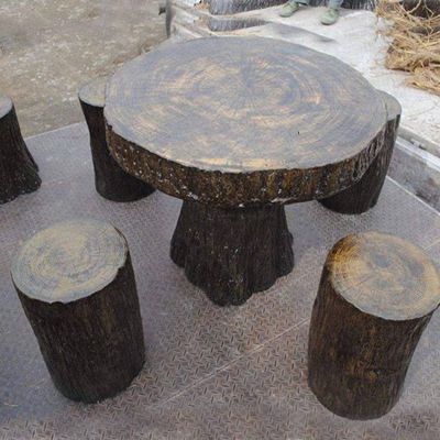 公園戶(hù)外擺放玻璃鋼仿樹(shù)木圓桌圓柱凳子