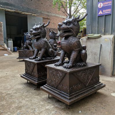 銅麒麟，黃銅鑄造麒麟銅雕一對