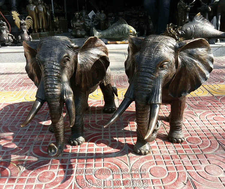 鑄銅小象一對，吉祥動物銅雕擺件雕塑