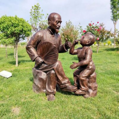 爺爺和孫子，民俗人物情景雕塑