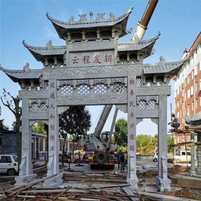 青石雕刻鏤空三門(mén)五樓仿古建 小區(qū)入口擺件
