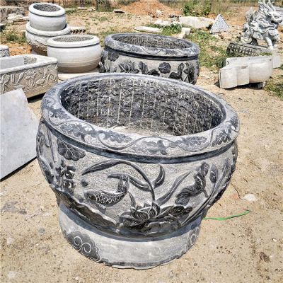 青石魚(yú)缸，鯉魚(yú)荷花刻紋仿古水缸