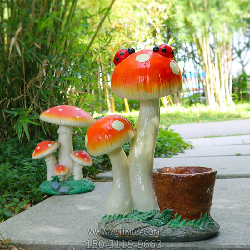 公園玻璃鋼擦黃奕彩繪花盆蘑菇雕塑 公園玻璃鋼擦黃奕彩繪花盆蘑菇雕塑