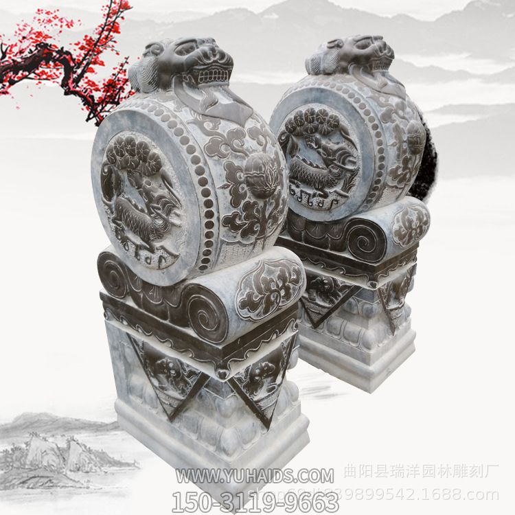 大理青石做舊門(mén)墩中式庭院四合院家居門(mén)口抱鼓石門(mén)擋裝飾雕塑