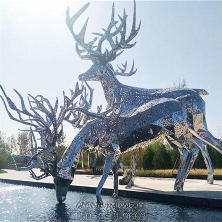 戶外噴泉水景大型不銹鋼鏤空，梅花鹿擺件雕塑