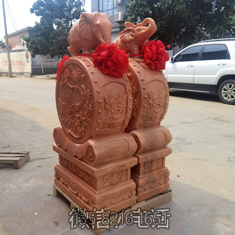 一對(duì)晚霞紅大象石門墩
