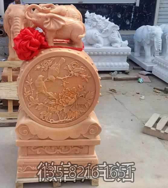 晚霞紅大理石大象抱鼓石門(mén)墩擺件