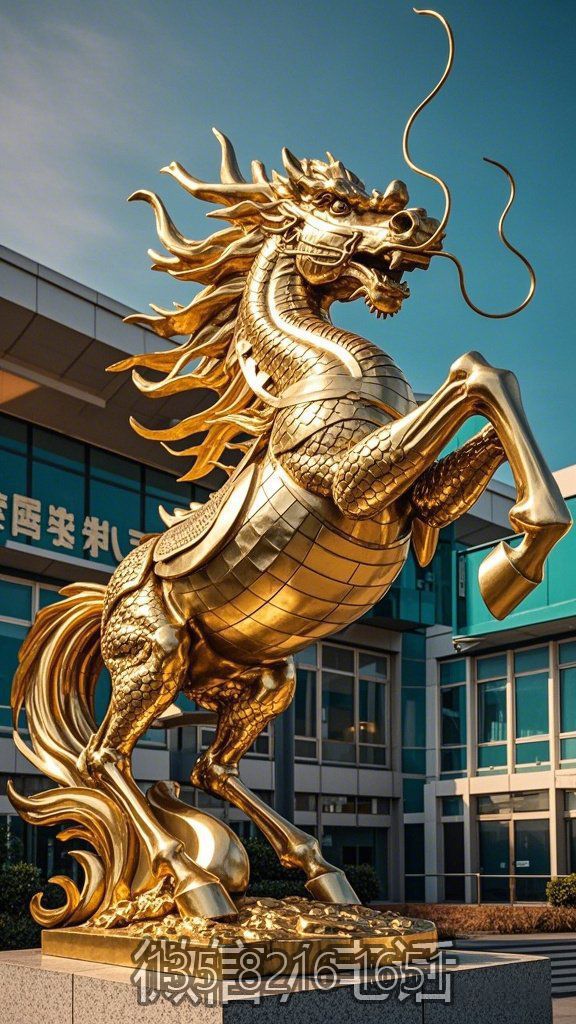 企業(yè)門(mén)口的金色不銹鋼龍馬雕塑