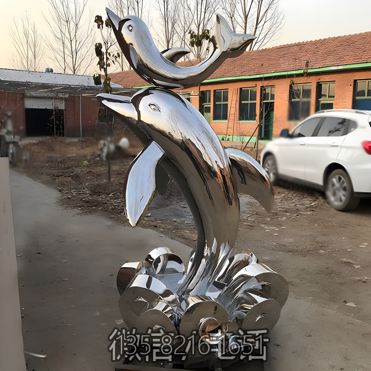 不銹鋼鏡面抽象動物景觀海豚雕塑
