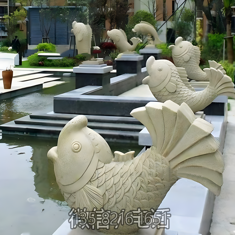 小區(qū)別墅大理石石雕水景擺件海洋動物噴水魚裝飾雕塑