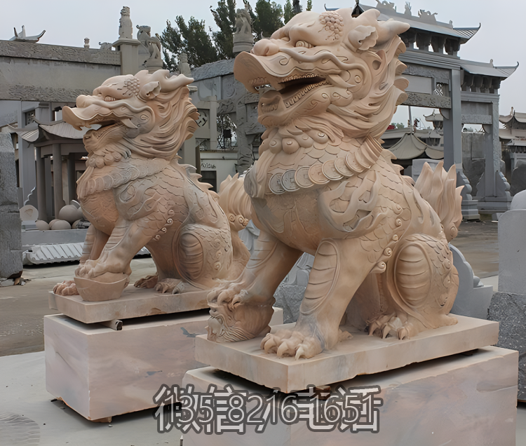 黃蠟石石雕神獸鎮(zhèn)宅招財(cái)麒麟雕塑小區(qū)別墅門口裝飾落地?cái)[件