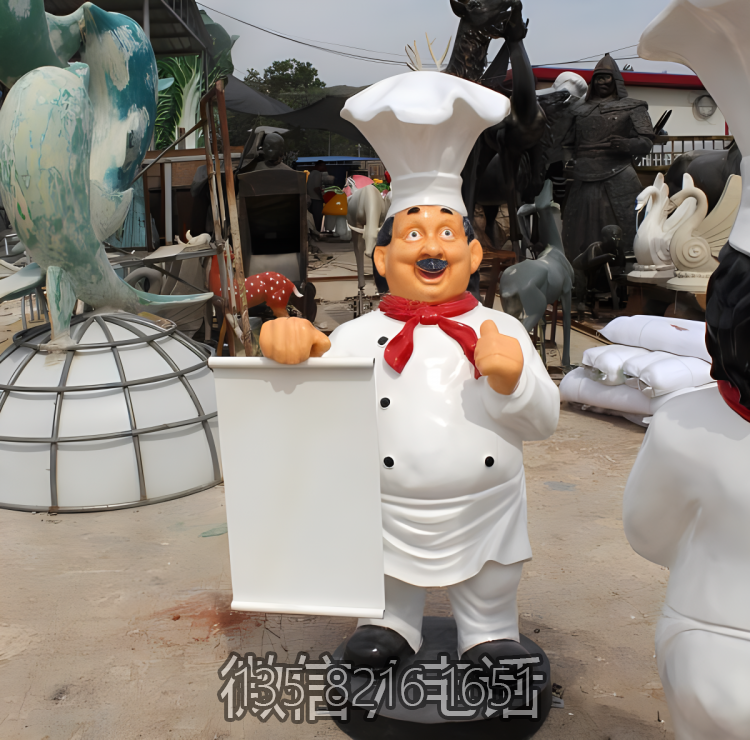手拿牌子的玻璃鋼卡通廚師面點師傅雕塑