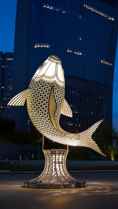 不銹鋼網(wǎng)格鏤空發(fā)光鯉魚(yú)雕塑