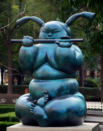 園林擺件創(chuàng)意青銅擺件吹笛子的胖人物雕塑