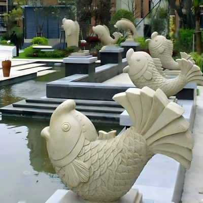 小區(qū)別墅大理石石雕水景擺件海洋動物噴水魚裝飾雕塑