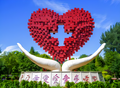 雙手托起十字愛(ài)心的不銹鋼景觀雕塑